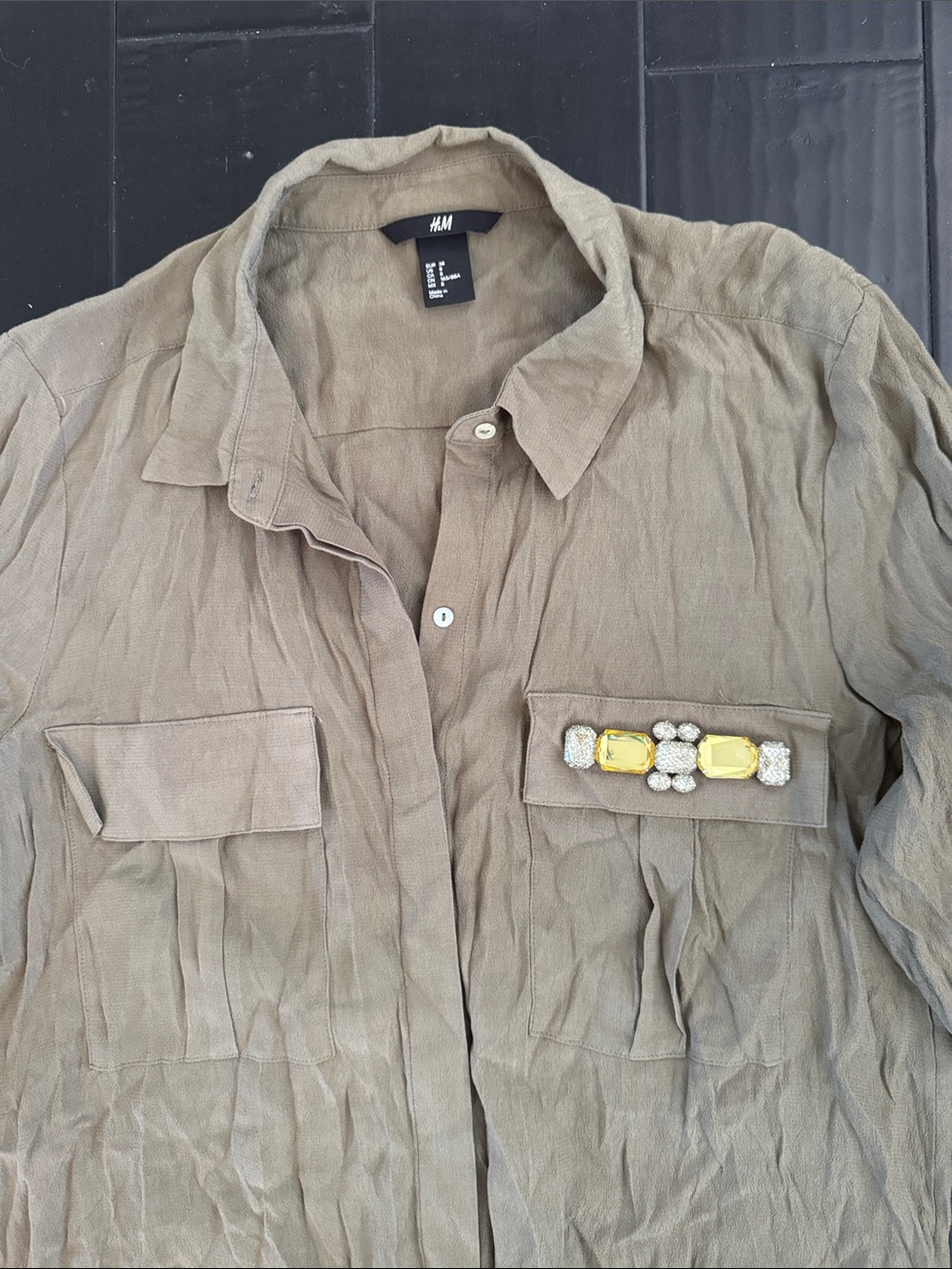 H&M Olive Embellished Pocket Button Shirt